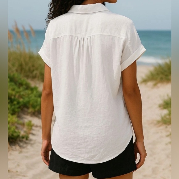 Felina XL Button Front Top Collared Short Sleeve Lace Detail Shirt AQUA - Picture 2 of 10